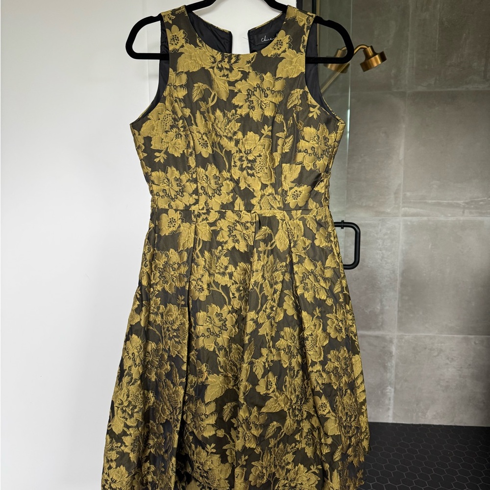 Chic Gold and Green Fit and Flare Cocktail Dress